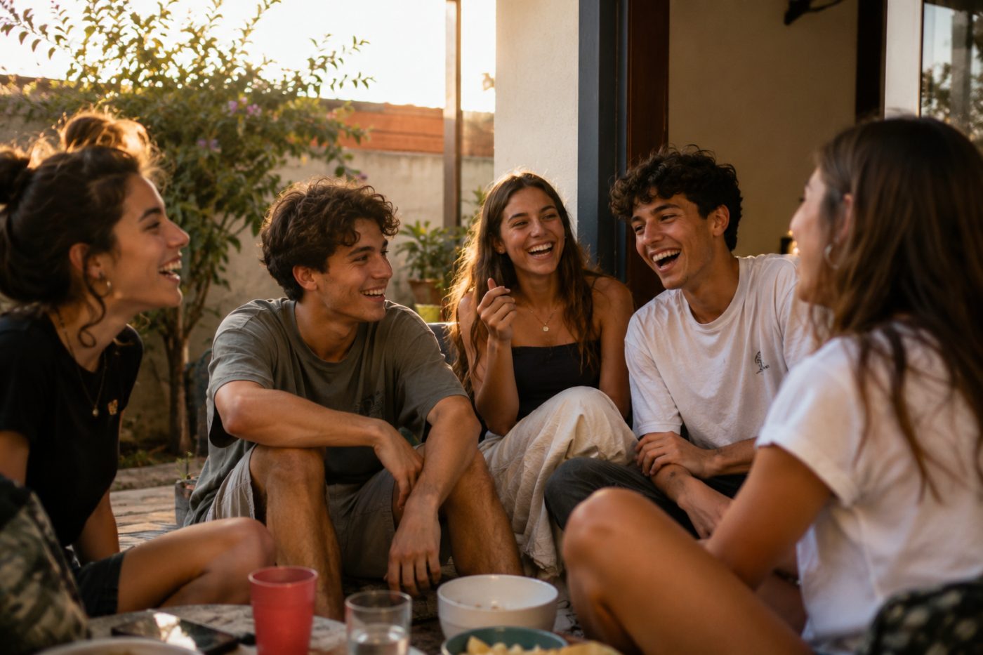 Cinco amigos sentados no chão do quintal, rindo juntos no fim da tarde