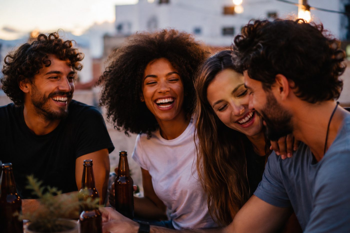 Quatro amigos rindo em volta da mesa, no fim de tarde