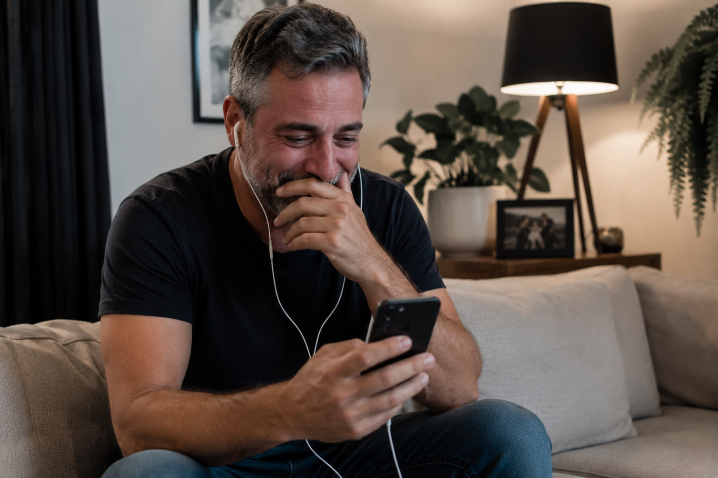 Homem de meia-idade sentado no sofá, de fones de ouvido, se emocionando com o que ouve no celular