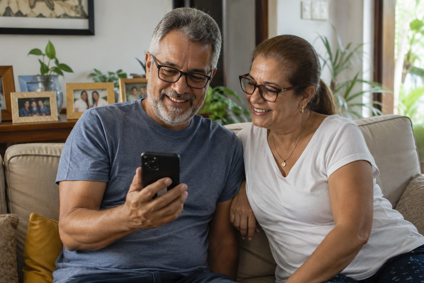 Casal mais velho sentado no sofá de casa, os dois sorrindo para a tela do celular