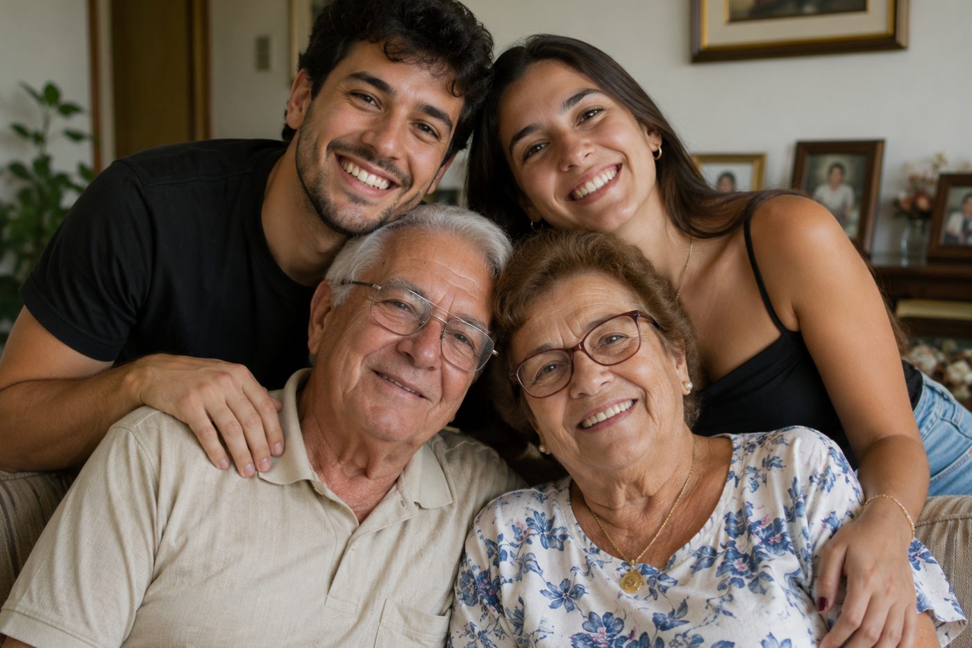 Avô e avó abraçados com os dois netos adultos, os quatro sorrindo na sala de casa
