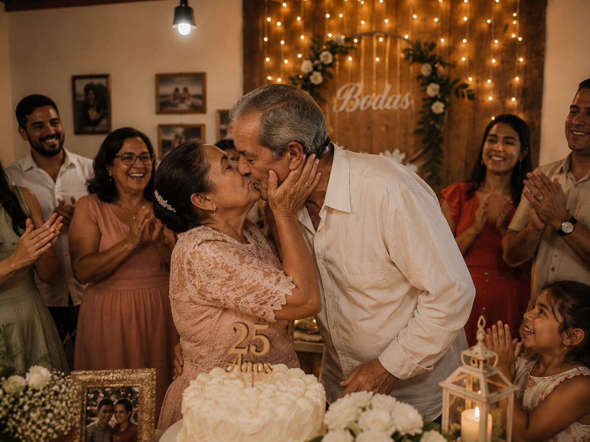 Casal de bodas abraçado, sorrindo, cercado pela família
