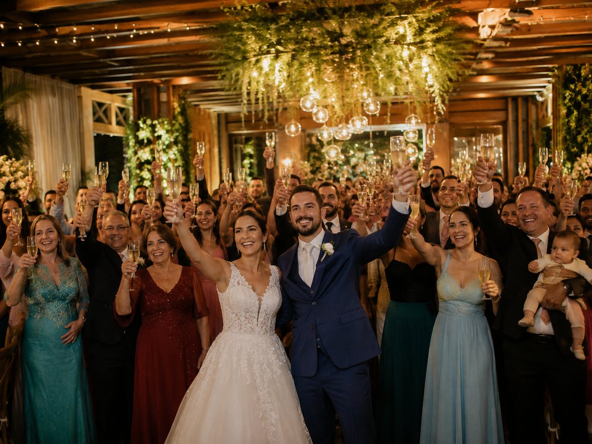Mesa comprida de casamento com os convidados erguendo as taças num brinde aos noivos