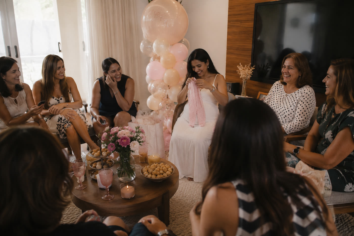 Grávida sentada numa roda de amigas e familiares, abrindo uma roupinha de bebê, todas rindo