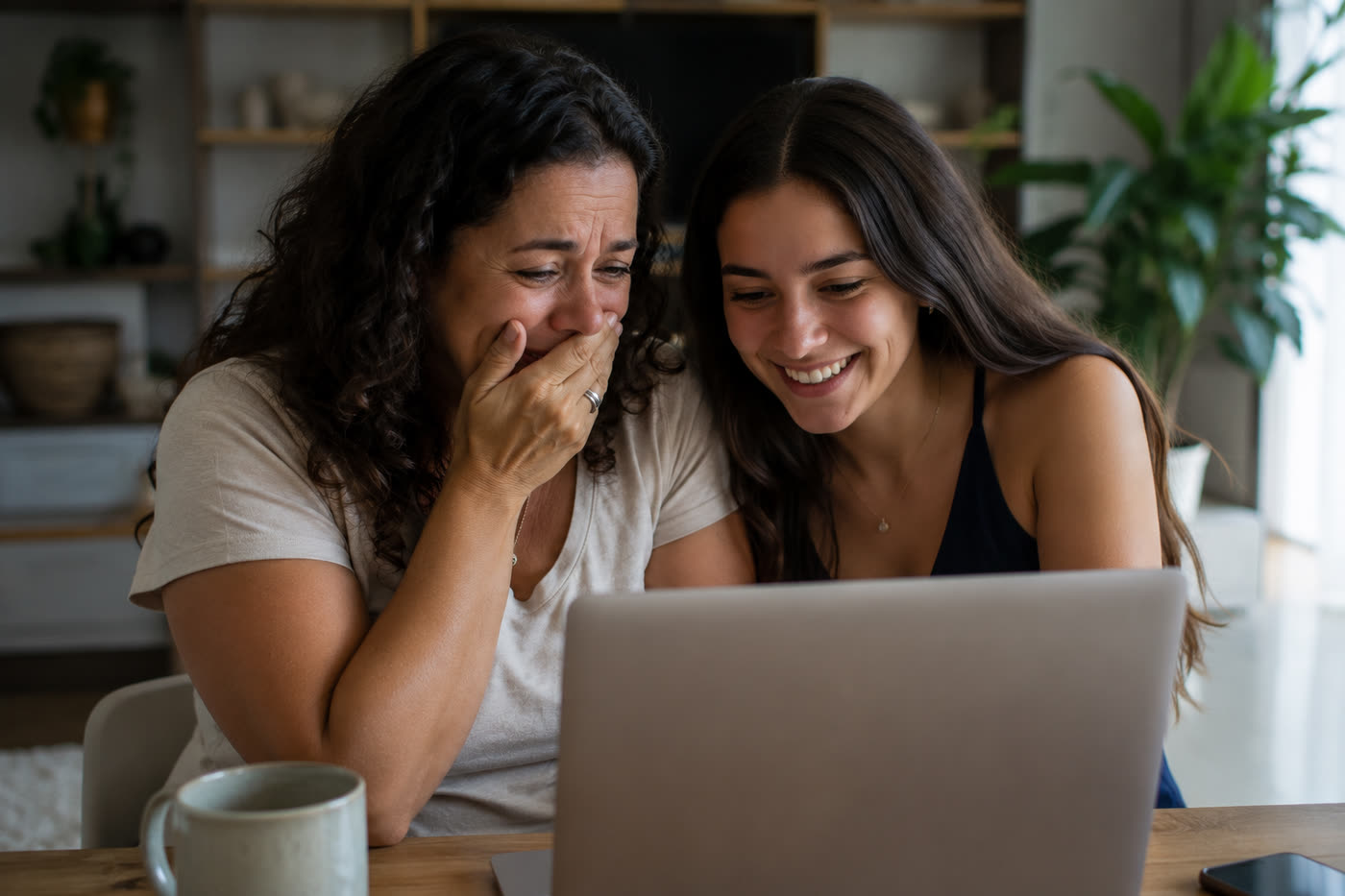 Mãe se emocionando ao lado da filha já adulta, as duas olhando a tela do computador