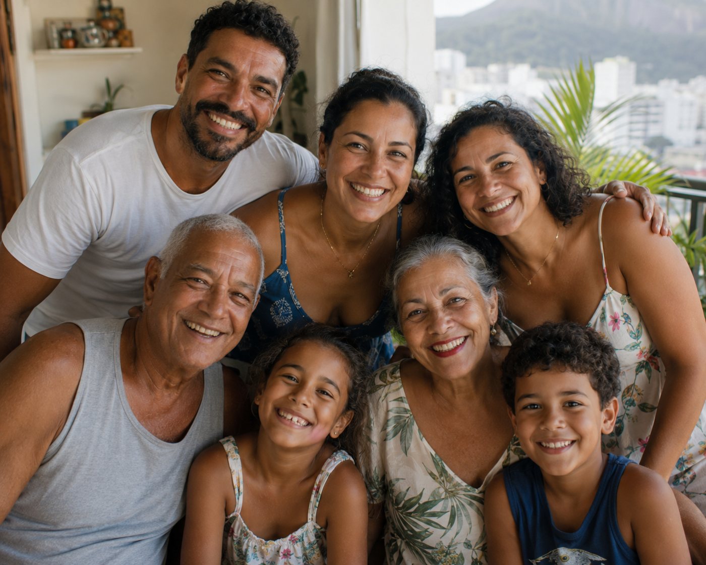 Família reunida em volta de uma pessoa que abre a homenagem, sorrindo