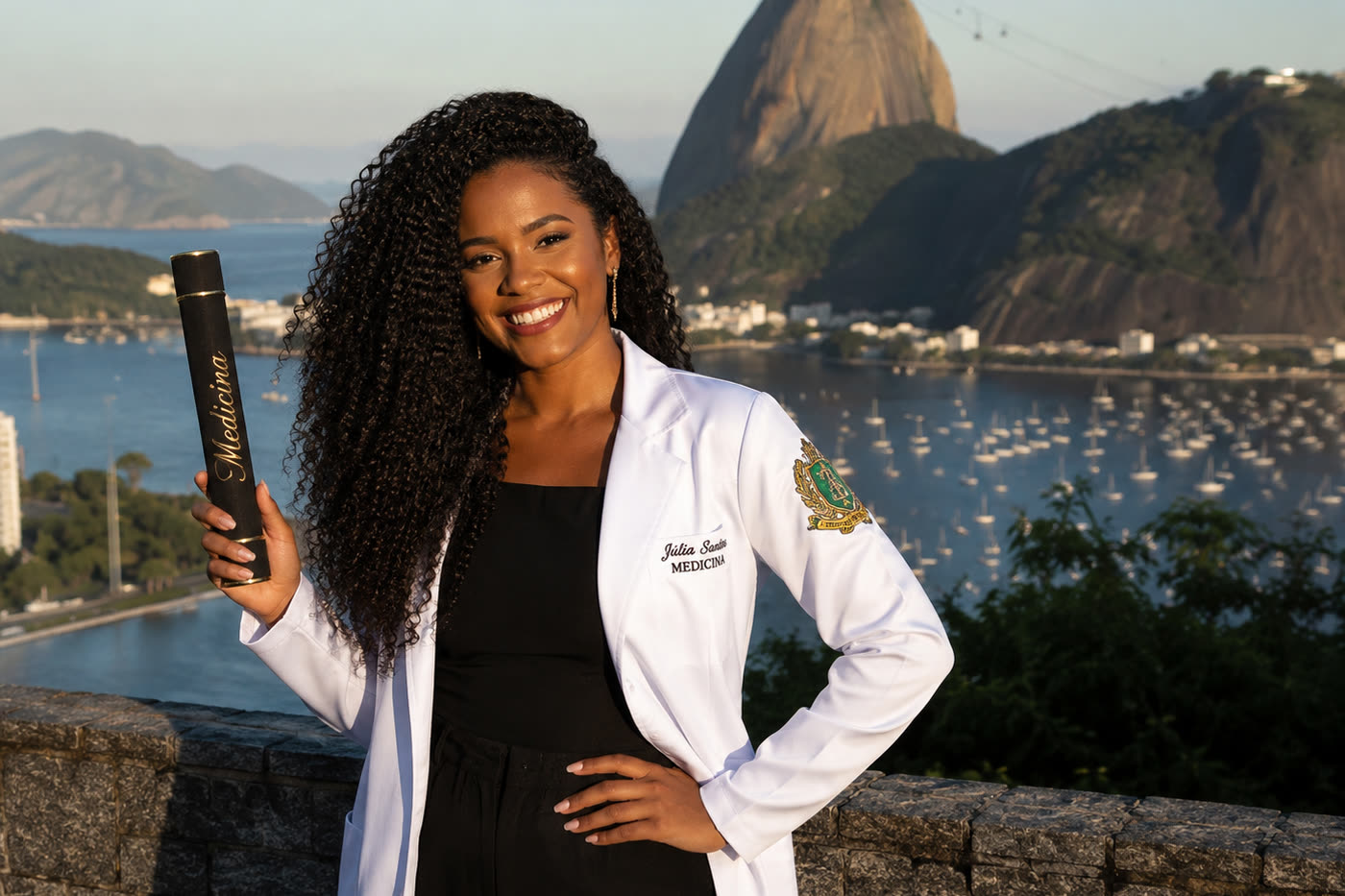 Formanda de jaleco branco sorrindo com o canudo na mão, o Pão de Açúcar ao fundo