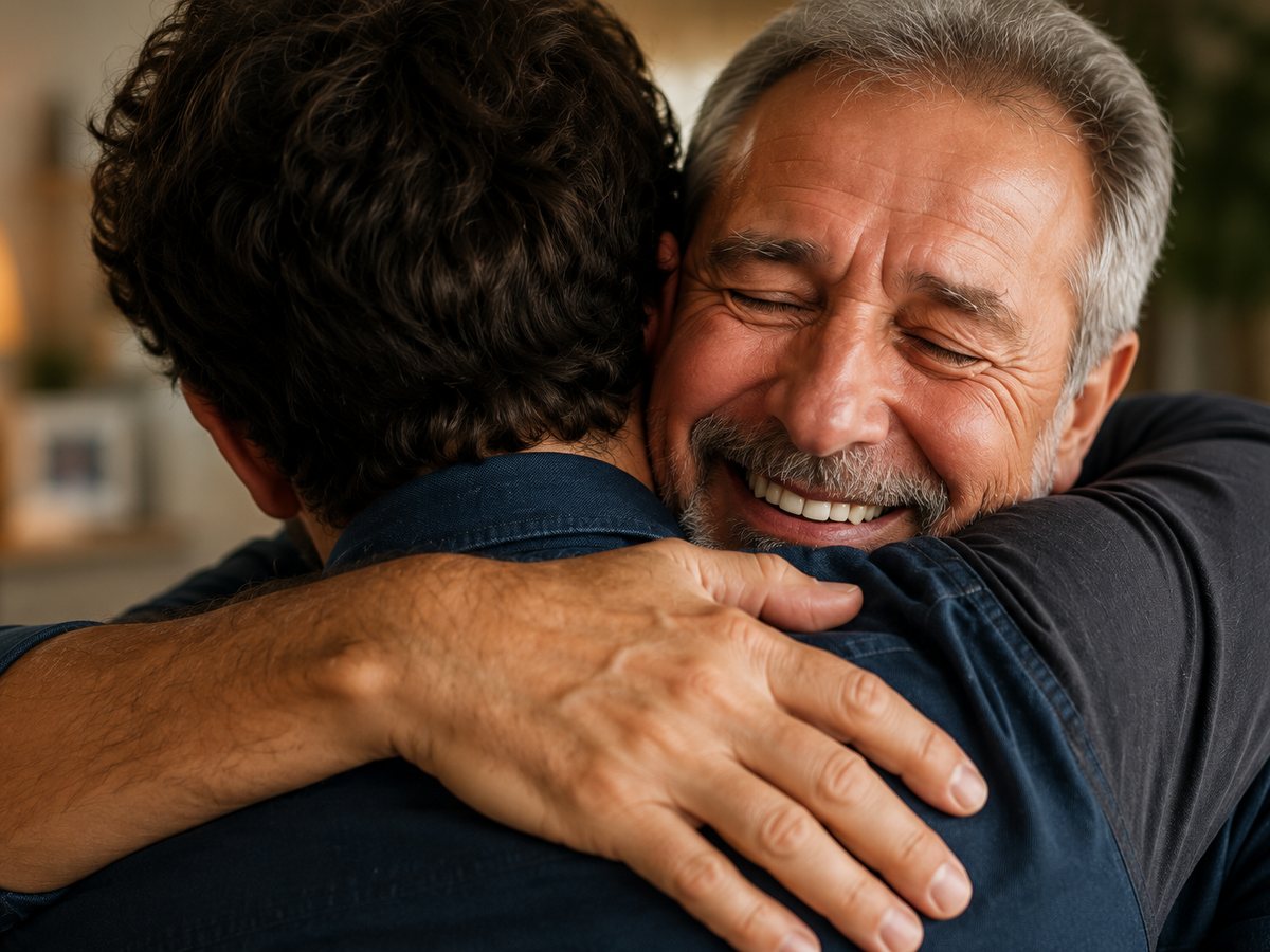 Pai grisalho abraçando o filho adulto, sorrindo emocionado