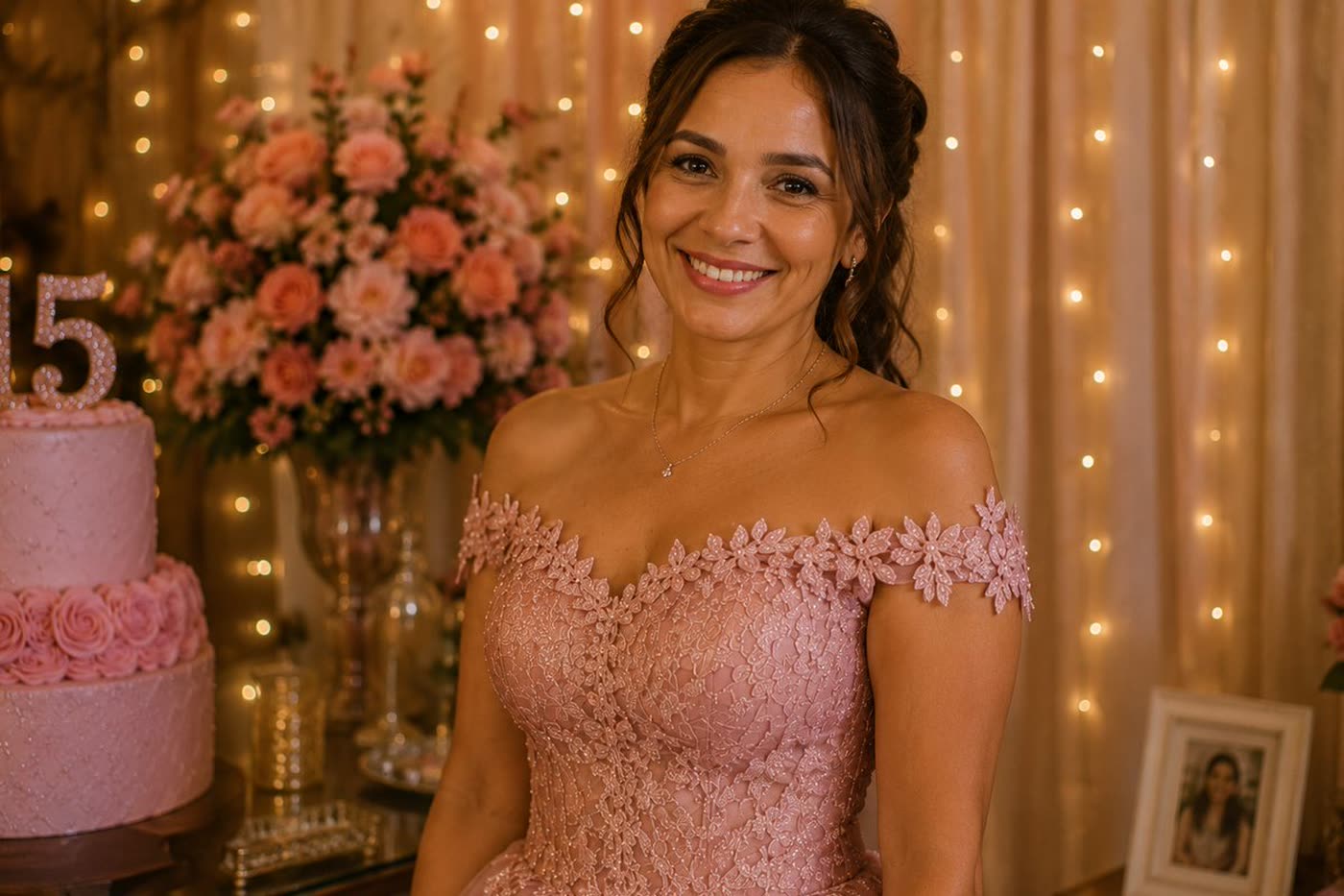 Debutante sorrindo cercada pela família na festa de 15 anos